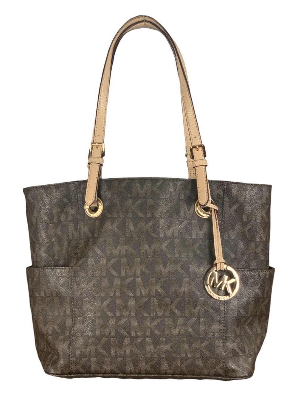 Michael Kors Jet Set Brown Signature Logo Tote Shoulder Bag Beige Straps